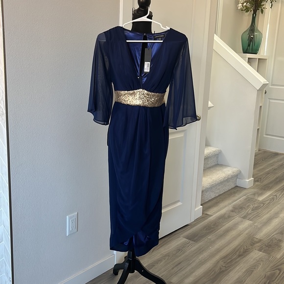Navy dress with wide gold belting - Picture 3 of 12